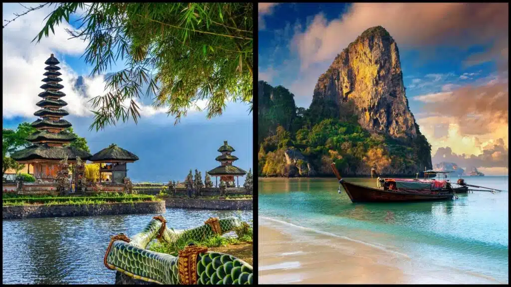 An image of bali on the left and thailand on the right portraying the differences of bali vs thailand