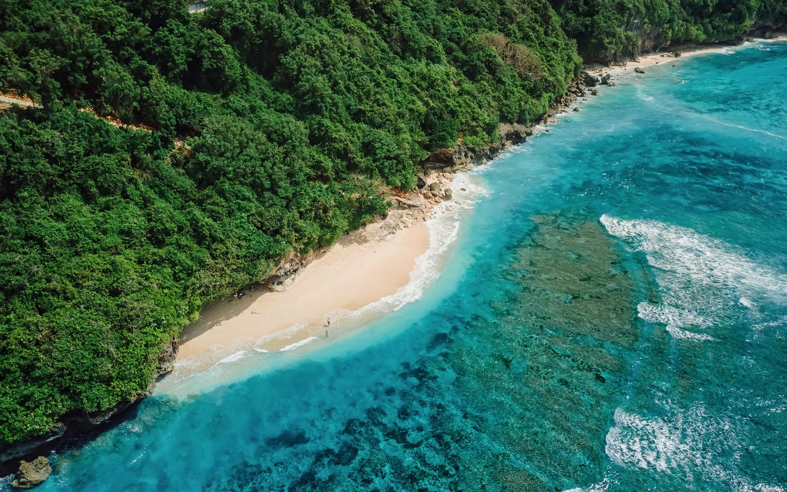 An image of blue sea and a small beach surrounded by trees