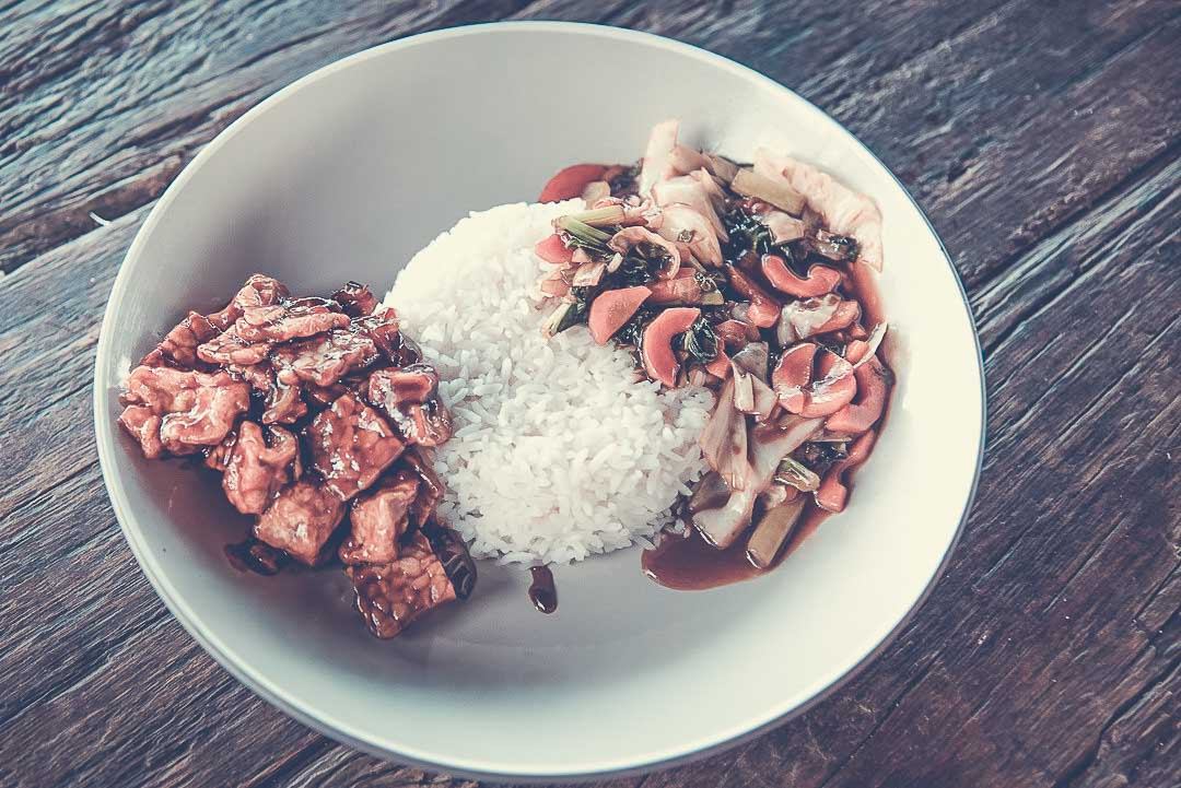 A dish with tofuh, tempeh rice and veggies by rapturecamps