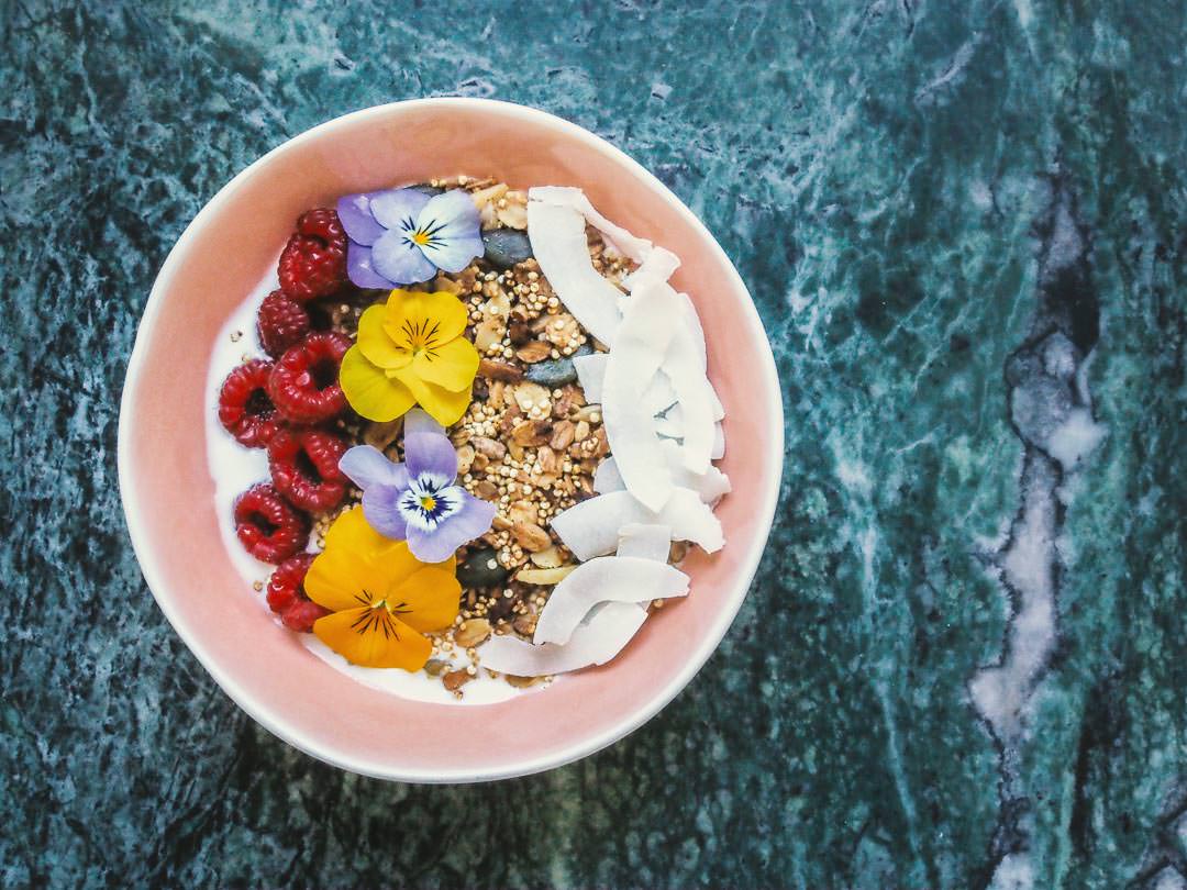 A healthy superbowl food with coconut oats and berries