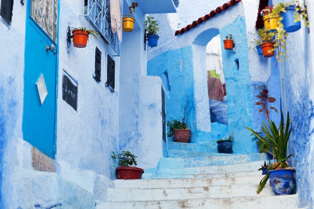 A typical moroccan village with houses painted in light blue