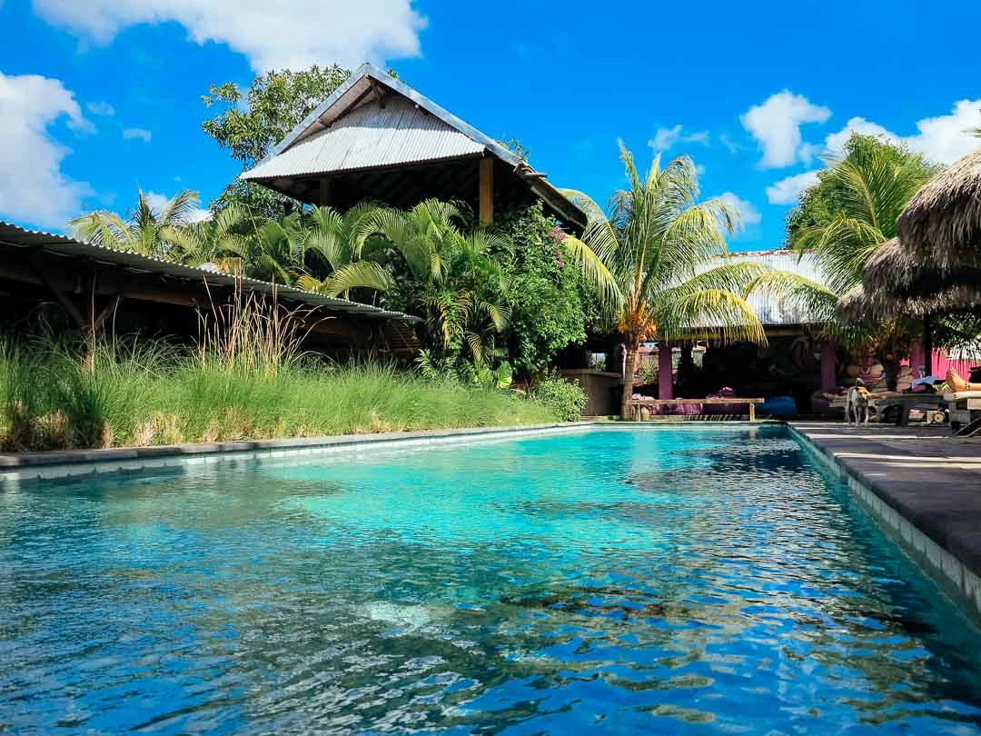 Pool and surfcamp view at Rapturecamps Padang