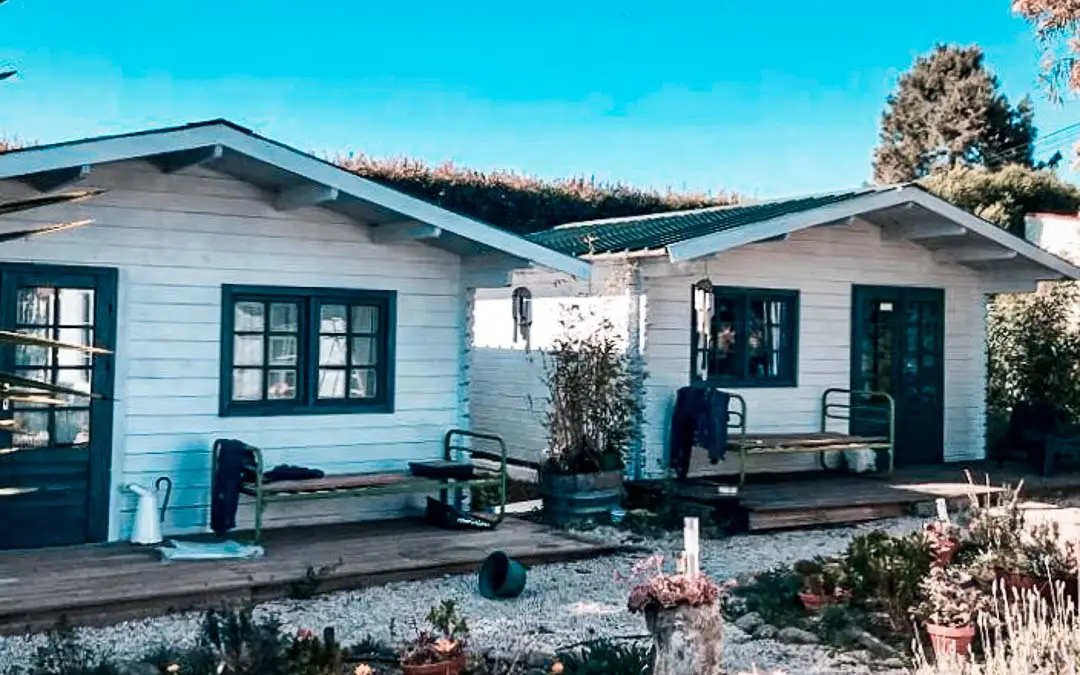 Two rustic bungalows surrounded by vegetation