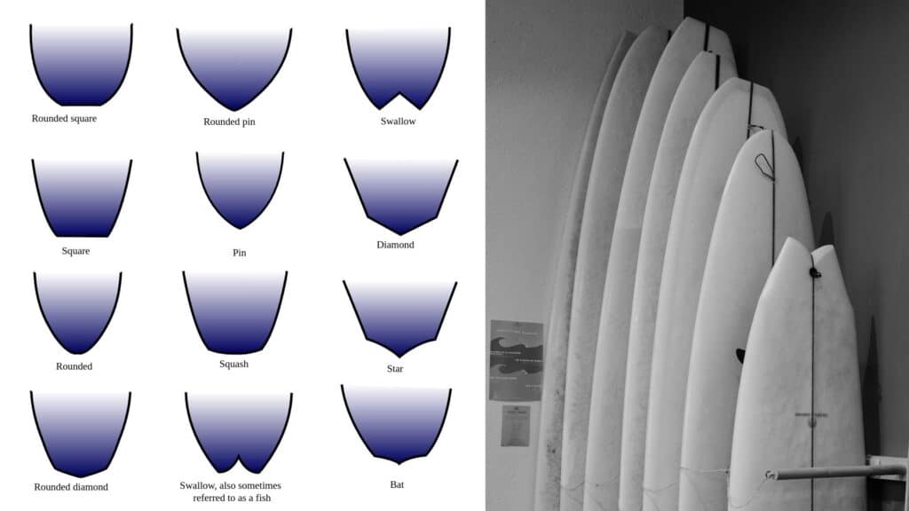 An image of surfboard tails designs