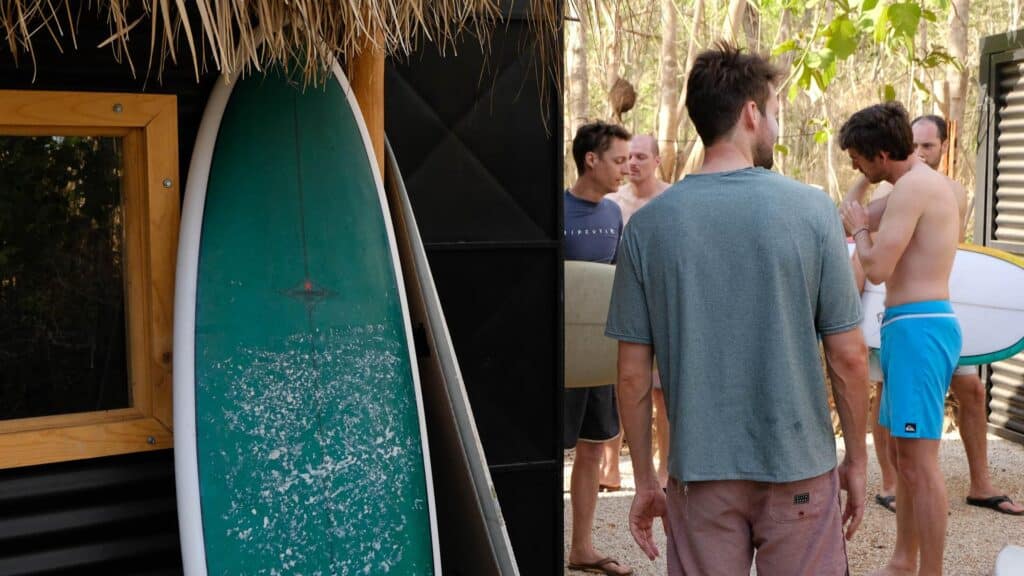 An image of rapture surfcamp guests stood waiting for surfboards