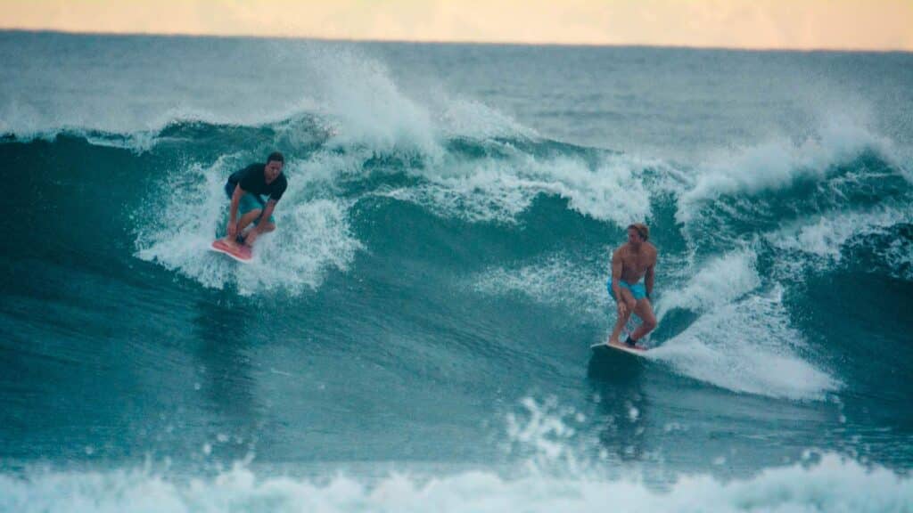 An image of two surfers on a wave